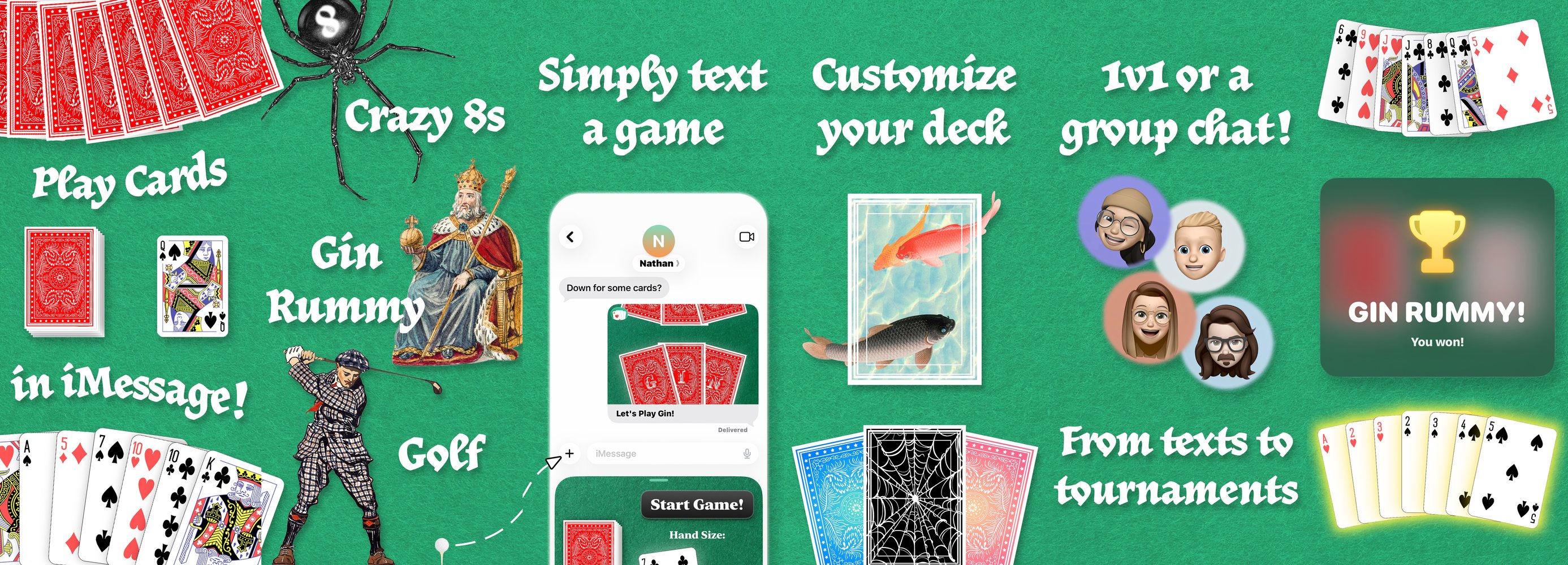 Card Games for iMessage: Gin Rummy, Crazy 8s, and Golf played inside a text thread, with customizable card backs and group chat games