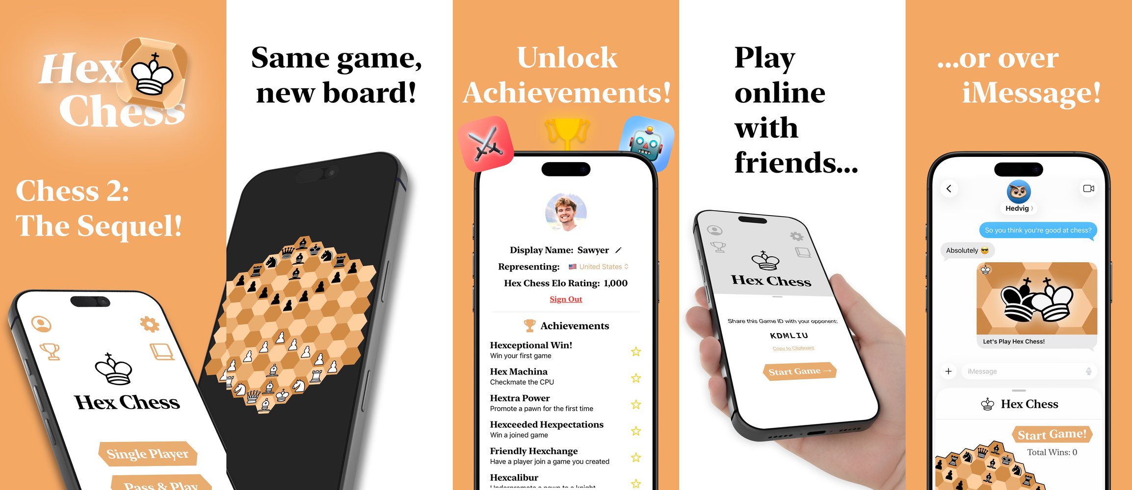 Hex Chess: the main menu, the hexagonal board mid-game, achievements, online play with friends, and a game running inside an iMessage thread