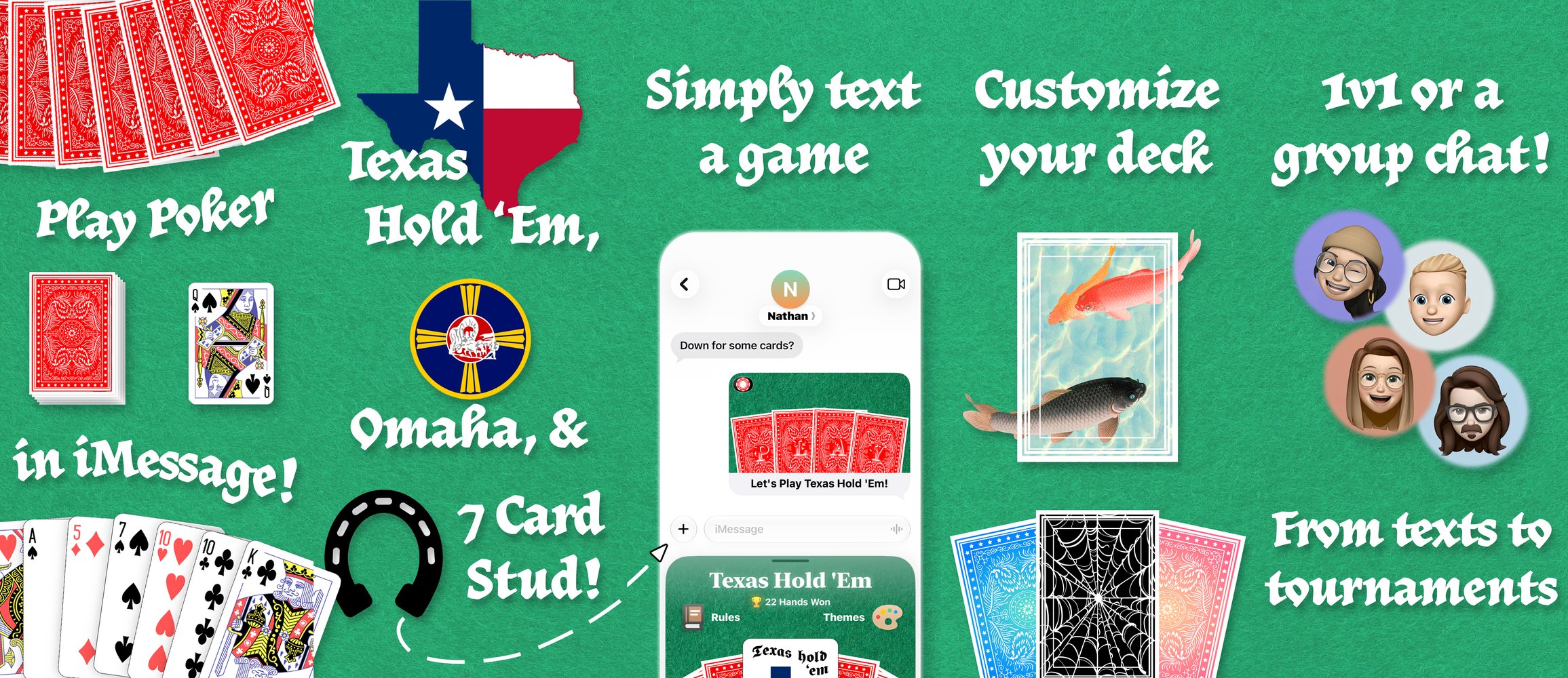 Poker for iMessage: Texas Hold&rsquo;Em, Omaha, and 7 Card Stud dealt into a text thread, with chips, betting rounds, and group chat tables