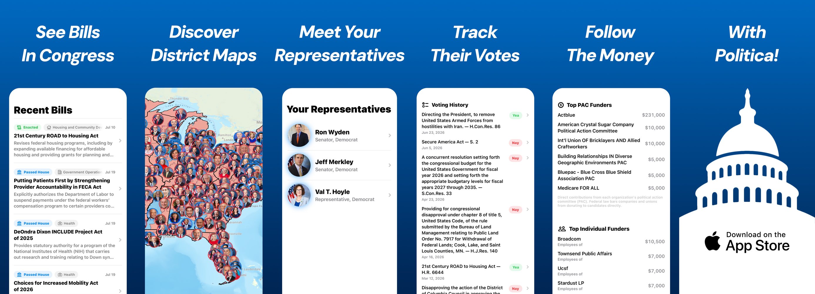 Politica: the recent bills feed, bill detail with roll-call votes, representative profiles, campaign funders, and the interactive congressional district map
