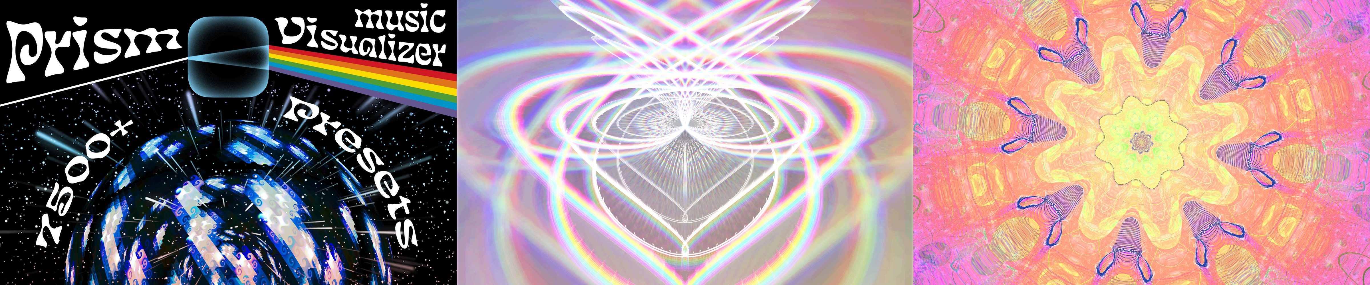 Prism: Milkdrop presets rendering full screen on a Mac, with beat-synced album art composited over the visuals